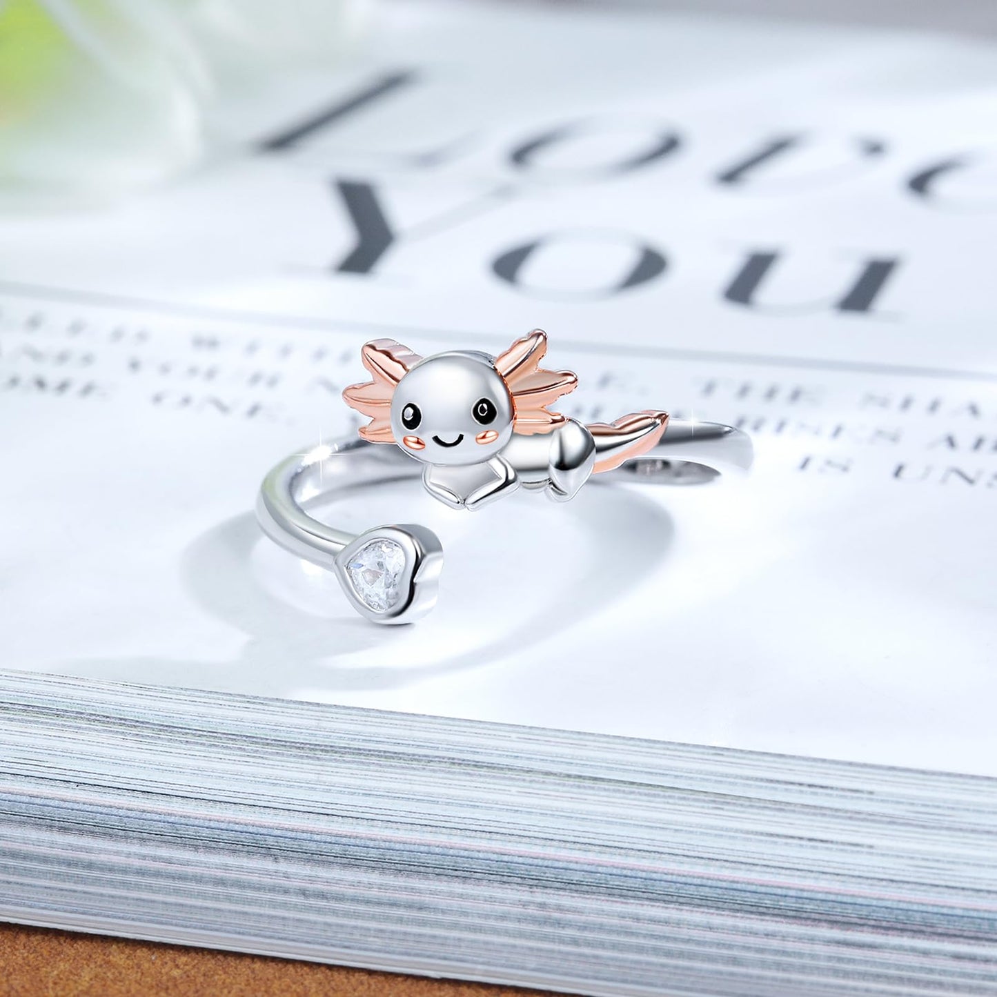 Zepmais 925 Sterling Silver Animal Ring - Adjustable Open Owl Axolotl Rings with Heart Cubic Zirconia Opal Cute Animals Jewelry Gifts for Women (Axolotl Ring)
