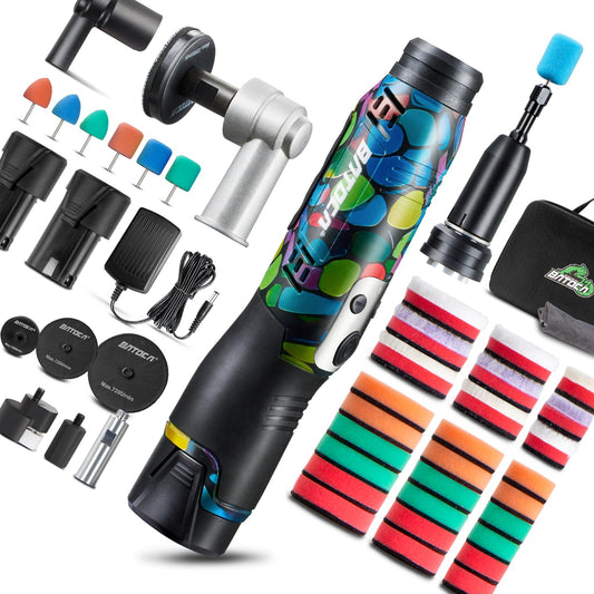 BATOCA S6 Mini Cordless Polisher for Car Detailing 2x2.0Ah Batteries, 0mm Rotary Buffer, 12mm Dual Action Polisher 1-3 Inch, 2 Different Speeds Heads Systems, 4.2k-21k or 1-5k RPM Graffiti Style