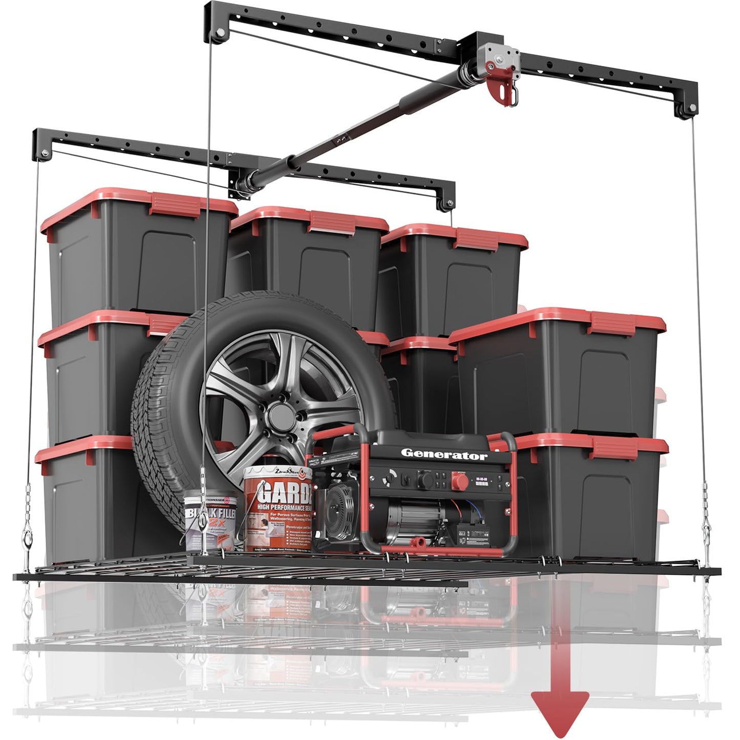 Overhead Garage Storage Rack, Heavy-duty 4x4 Ft Ceiling Storage Racks with Safety Lock, Ideal for Garage Storage Mounted Lift System and Storage Organizer, 250lbs Capacity, Black (10-12 ft Ceiling)