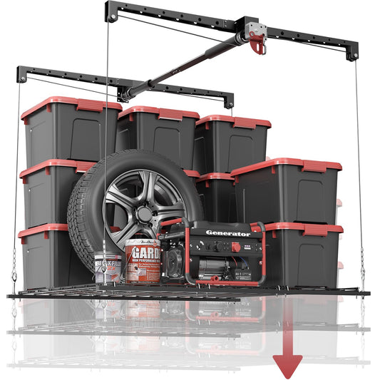 Overhead Garage Storage Rack, Heavy-duty 4x4 Ft Ceiling Storage Racks with Safety Lock, Ideal for Garage Storage Mounted Lift System and Storage Organizer, 250lbs Capacity, Black (10-12 ft Ceiling)