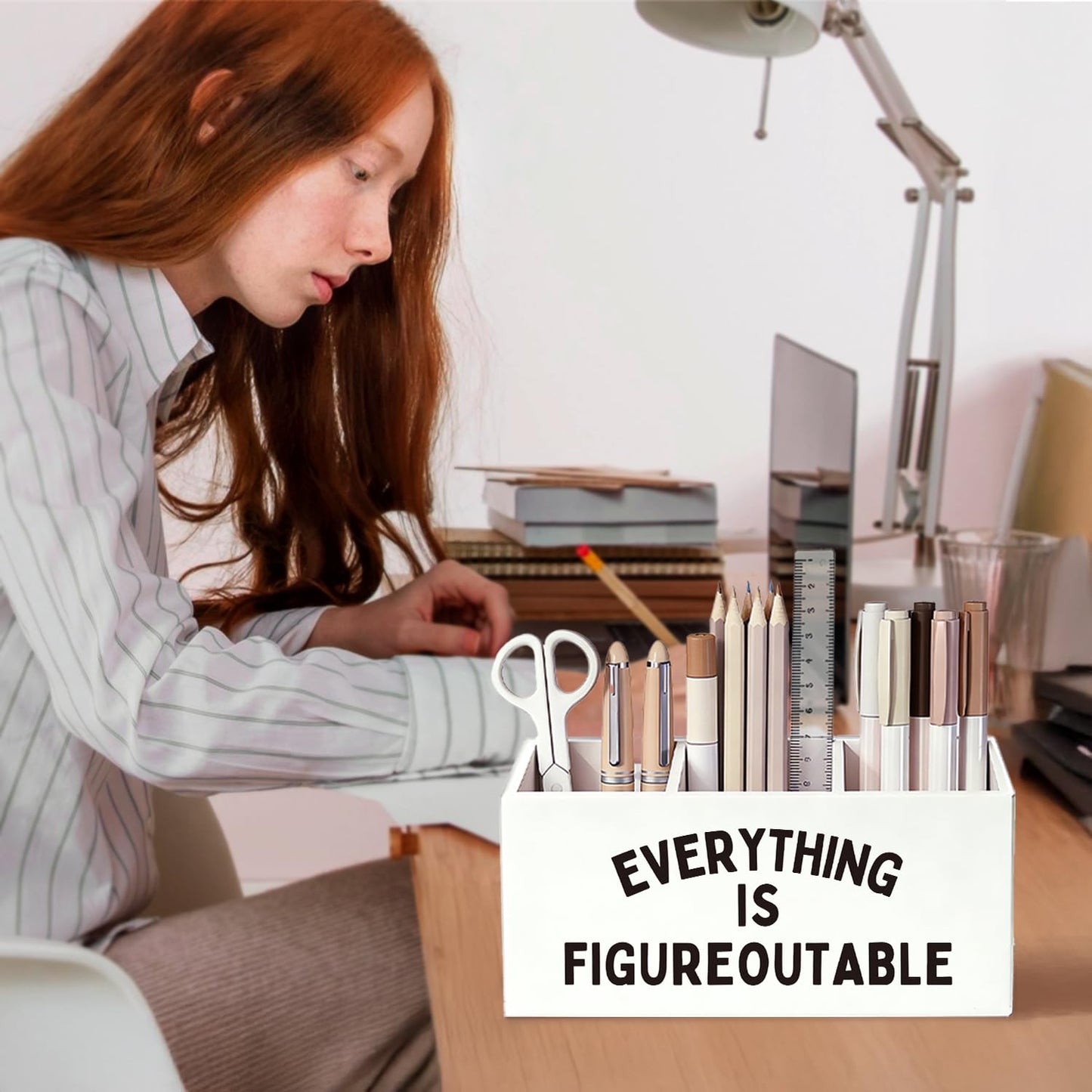 SkyCozy Inspirational Everything Is Figureoutable Pen Pencil Holder for Desk, Inspirational Gifts for Women Men, Motivational Wooden Box Sign Decorations for Home Office Workplace Desk Tabletop