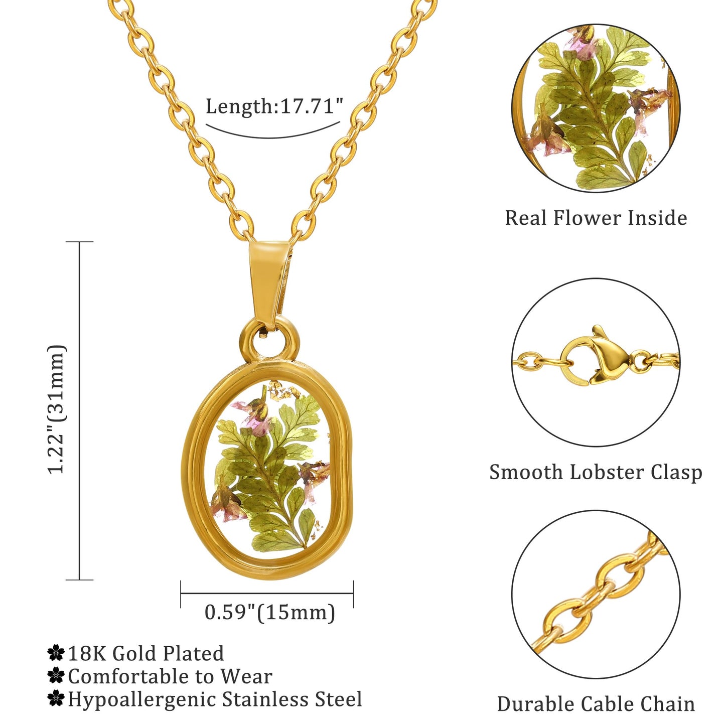 LETFLY Birth Flower Necklaces for Women, 18K Gold Plated Oval Shaped Handmade Floral Pendant, Pressed Flower Necklace Jewelry Gifts Harmony