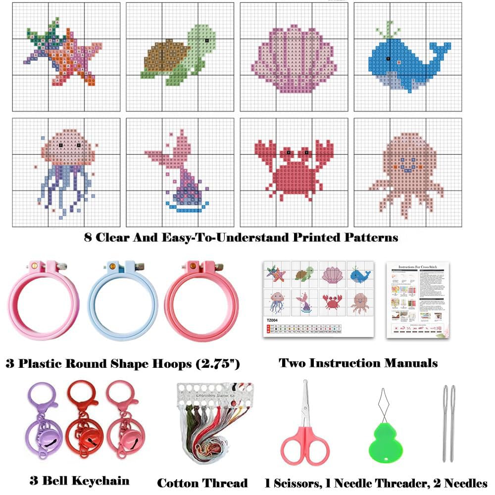 VIGEGU 8 Pack Cross Stitch Kits for Beginners,Marine Animals Stamped Cross Stitch Kits for Kids,Crafts for Girls 8-12 Embroidery Kit 11CT Cross Stitch Kit for Beginners with Frame