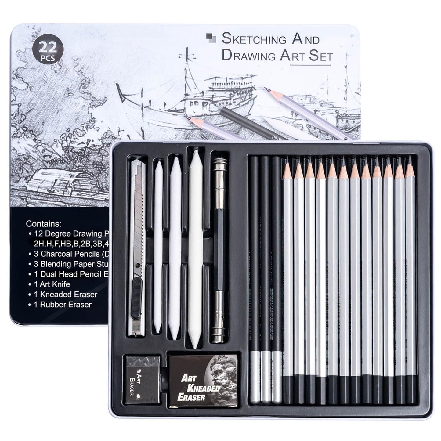 Drawing Sketching Pencil Set, 22 PCS Graphite and Charcoal Pencils with Blending Stumps, Erasers, Art Knife & Pencil Extender in Metal Box, Artist Sketching Supplies for Drawing & Shading (22 Pcs)
