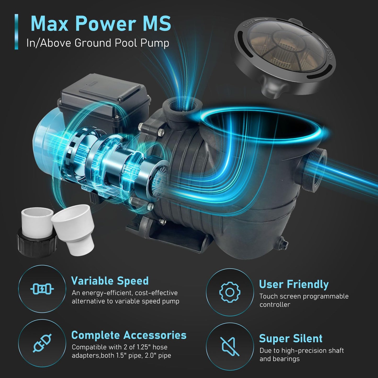 Variable 3-speed Swimming Pool Pump, 1.5 HP Multiple Speed Programmable Pool Pump, 230V 5880GPH Intelligent In/above ground pool pump, Compatible with both 1.5" Pipe 2.0" Pipe 1.25/1.5" Hose