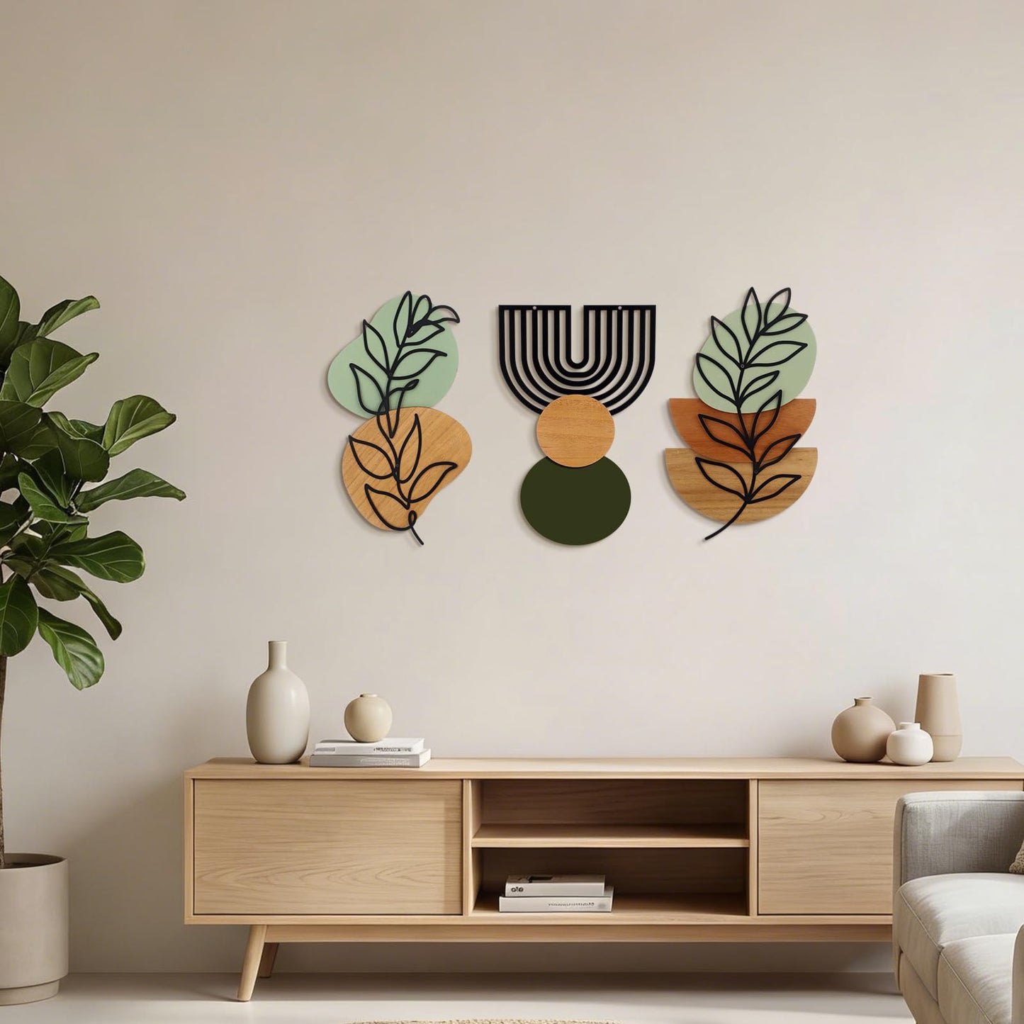 Wenqik Set of 3 Boho Wall Art Decor 3D Wood & Metal Abstract Geometric Wall Hangings Sculpture 15 x 6in Sage Green Beige Terracotta Minimalist Botanical Artwork for Home Decor Gallery Room