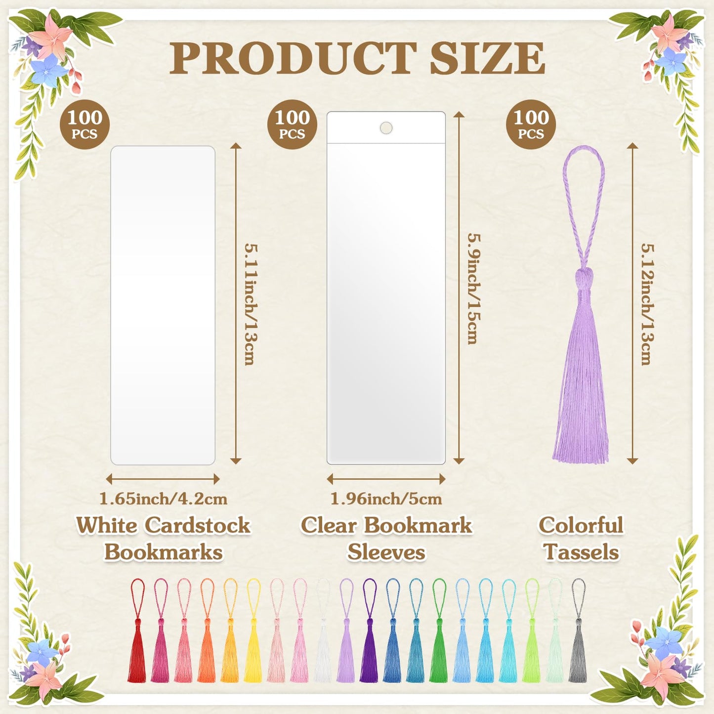 100 Sets Kraft Paper Blank Bookmarks with Tassels and Clear Bookmark Sleeves, Cardstock DIY Bookmark Making Kit for DIY Craft Projects, Gift Tag, School Supply, Party Favor