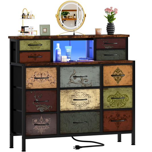 VASICAR Dresser for Bedroom with 13 Drawers 2 Open Shelves, Fabric Storage Dresser, Chest of Drawers, Pattern Organizer for Closet, Bedside, Living Room, Entryway, Hallway
