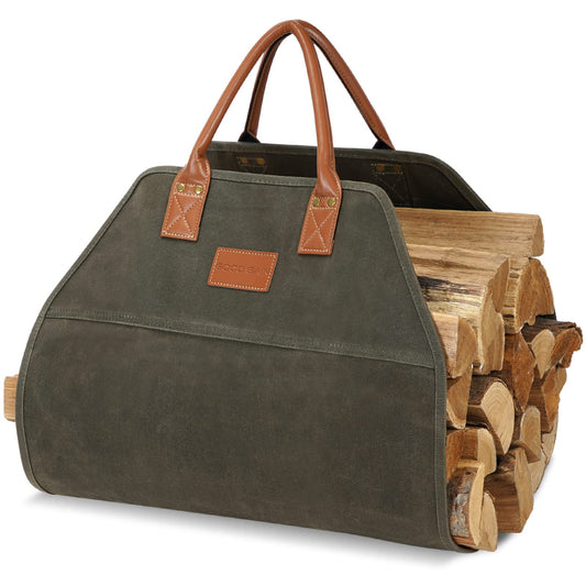 GOOD GAIN Firewood Carrier Waxed Canvas with Handles, Wood Carrier for Firewood, 36x18.5 Inch Heavy Duty Firewood Storage Tote, Fireplace Log Carrier Indoor Bag, Wood Stove Accessories. Green