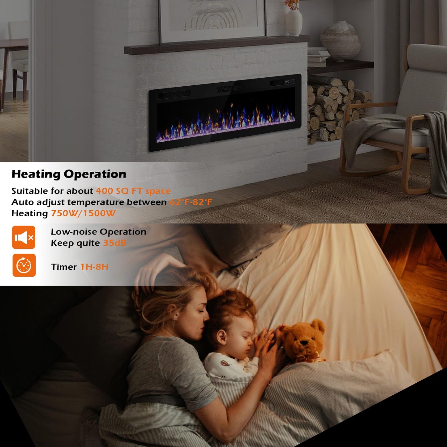 VENDORZ Electric Fireplace, 60" Recessed and Wall Mounted Electric Fireplace, Electric Fireplaces Inserts Heater, 750W/1500W Fire Places and Wall Electric Fireplaces with Remote Control
