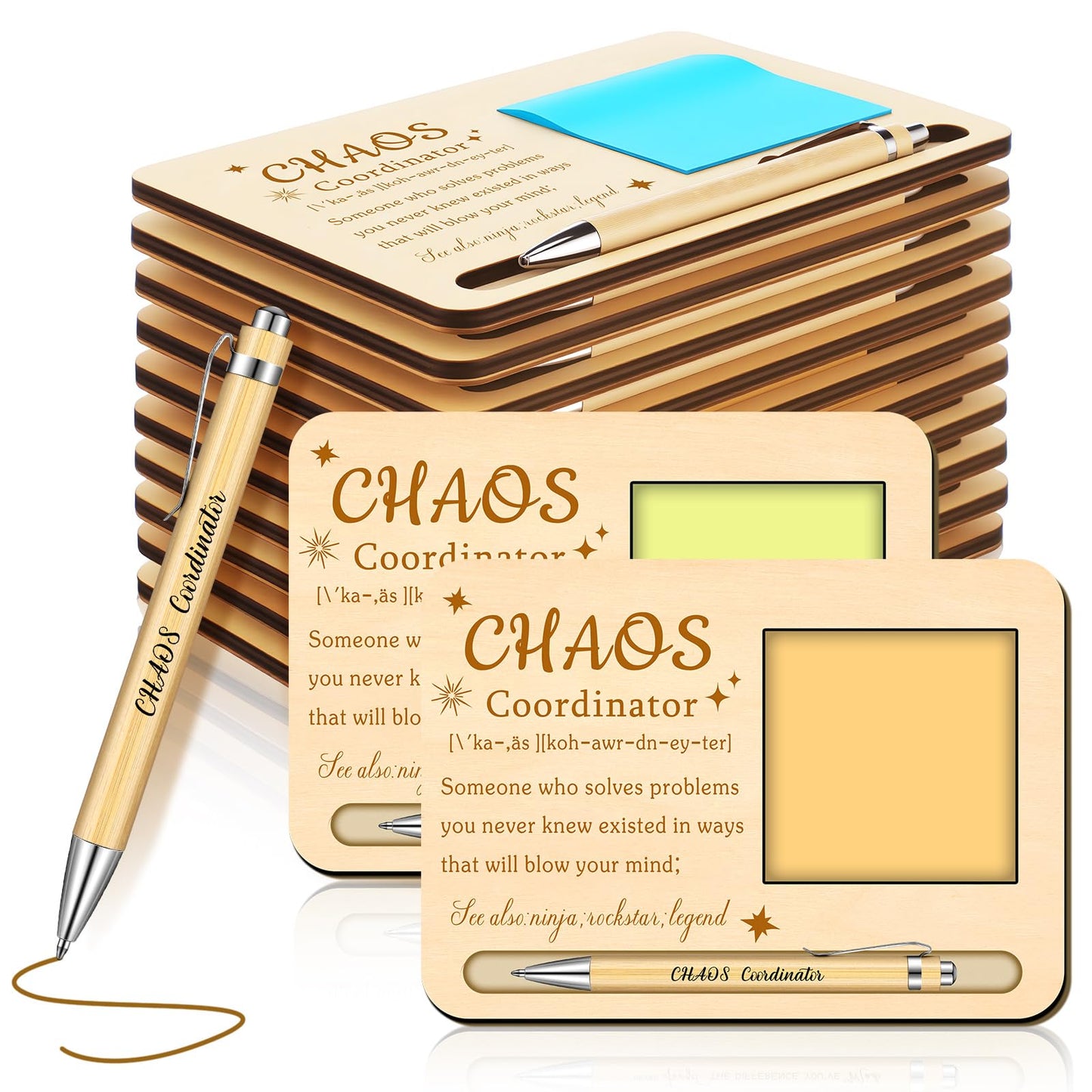 Kosiz 10 Set Chaos Coordinator Appreciation Gifts Bulk Wooden Sticky Note Holder with Notes and Ballpoint Pens Thank You Appreciation Gifts for Chaos Coordinator Team Employee Office Supplies