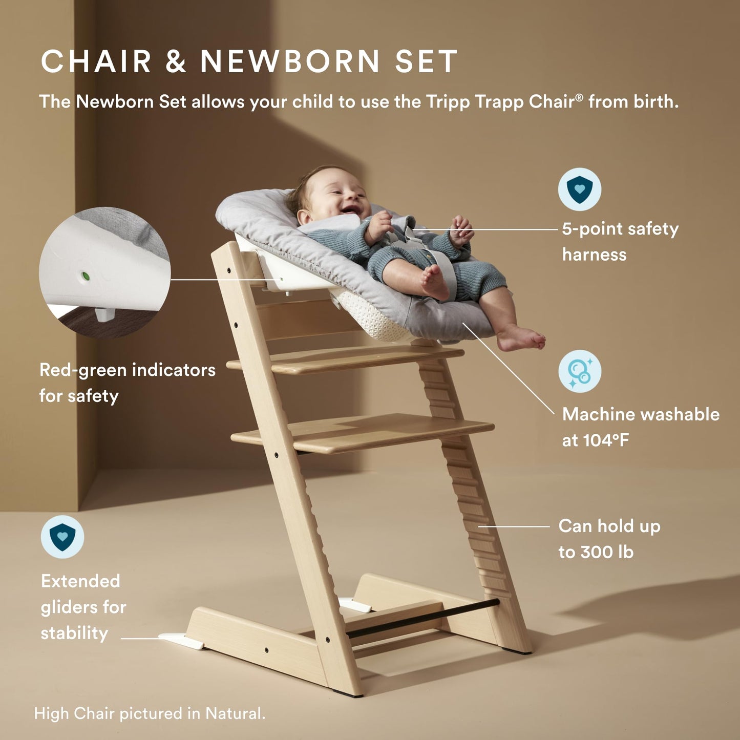 Stokke Tripp Trapp High Chair 2 (White) + Newborn Set + Cushion 2 (Nordic Grey) + Stokke Tray (White) - Includes Chair & Baby Set with Removable Harness for Children 6-36 Months
