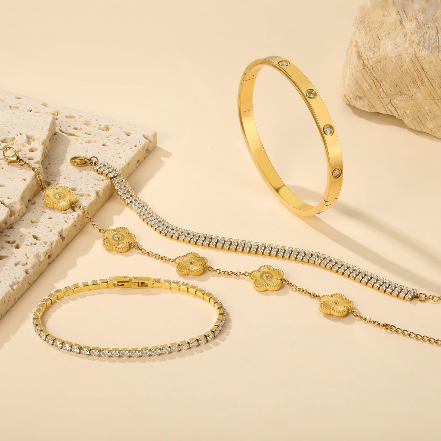 MVCOLEDY 18 K Gold Plated Love Bracelet Stack for Women 4-Piece Bracelet Shell Floral Clover Chain, Tennis Chain and Crystal Gold Bangle, Love Bracelet Design Gift Jewelry for Valentines Day