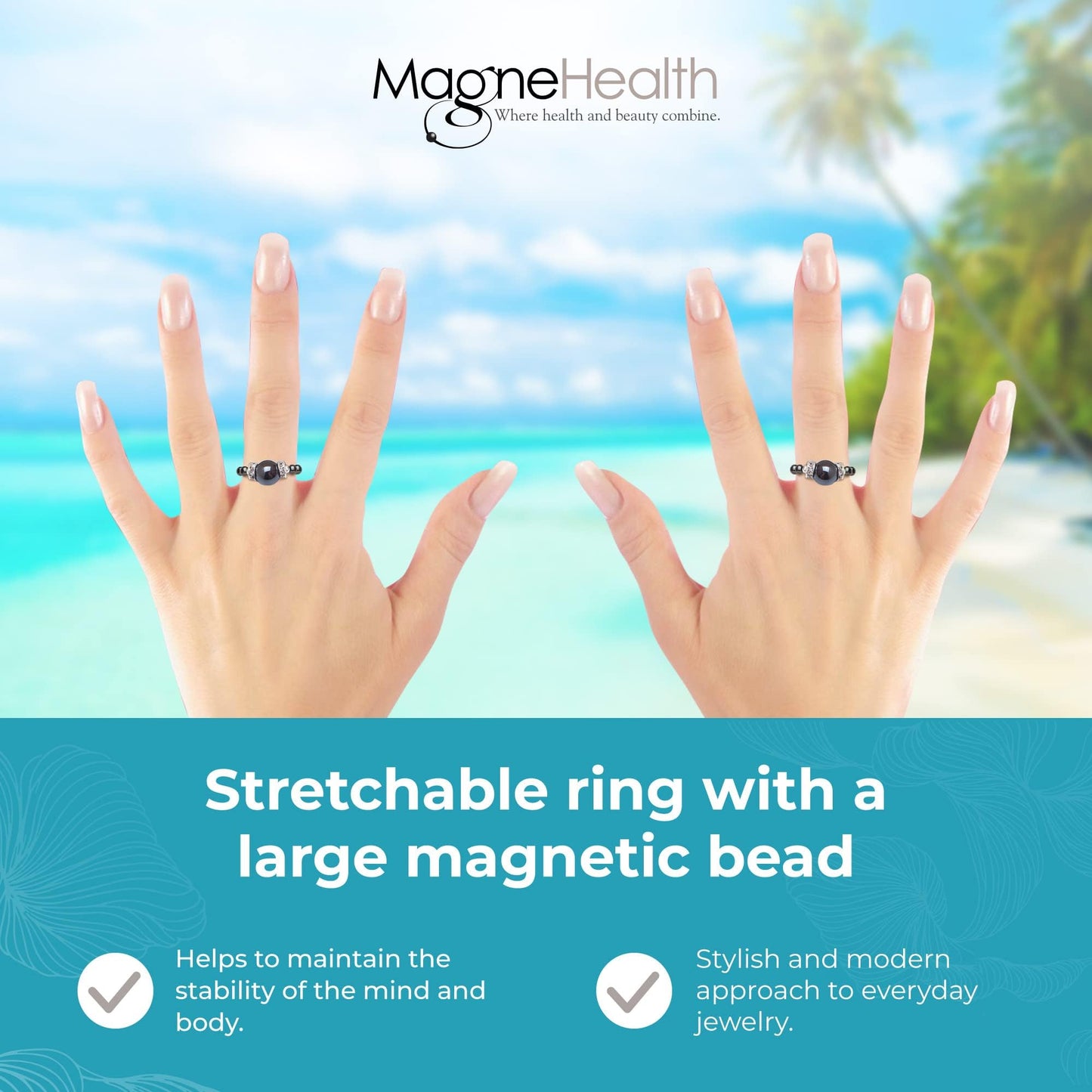 MAGNEHEALTH Black Magnetic Hematite Stretch Ring - Beaded Rings & Stretch Rings For Women, Finger Rings For Women, Aesthetic Rings & Magnet Rings For Acupressure Points - Extra Small Ring Size, 5-6