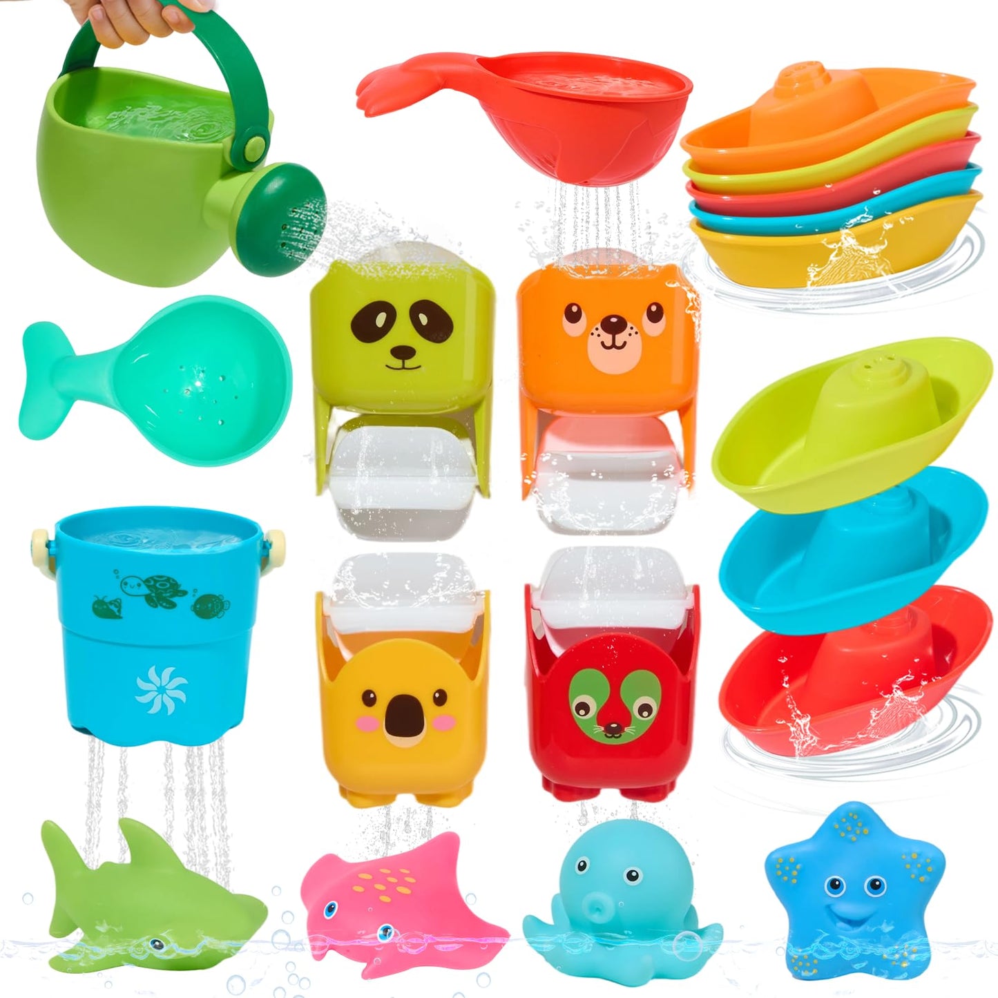 Mold Free Bath Toys, 17PCS | Easy Clean Easy-Grip Baby Bath Toys for Kids Ages 1-3 | Bath Boats Cups Watering Can Tub Toy for Toddlers Age 2-4 | Bathtub Pool Water Toys for 1+ Year Old Boys Girl Gifts