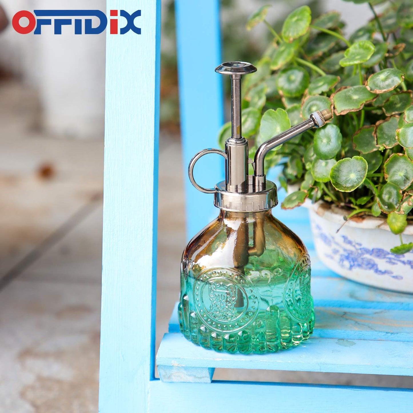 OFFIDIX Glass Plant Mister Spray Bottle, Vintage Spritzer, Succulent Watering Bottle with Bronze Plastic Top Pump, Small Sprayer Mister for Garden and Indoor Plants
