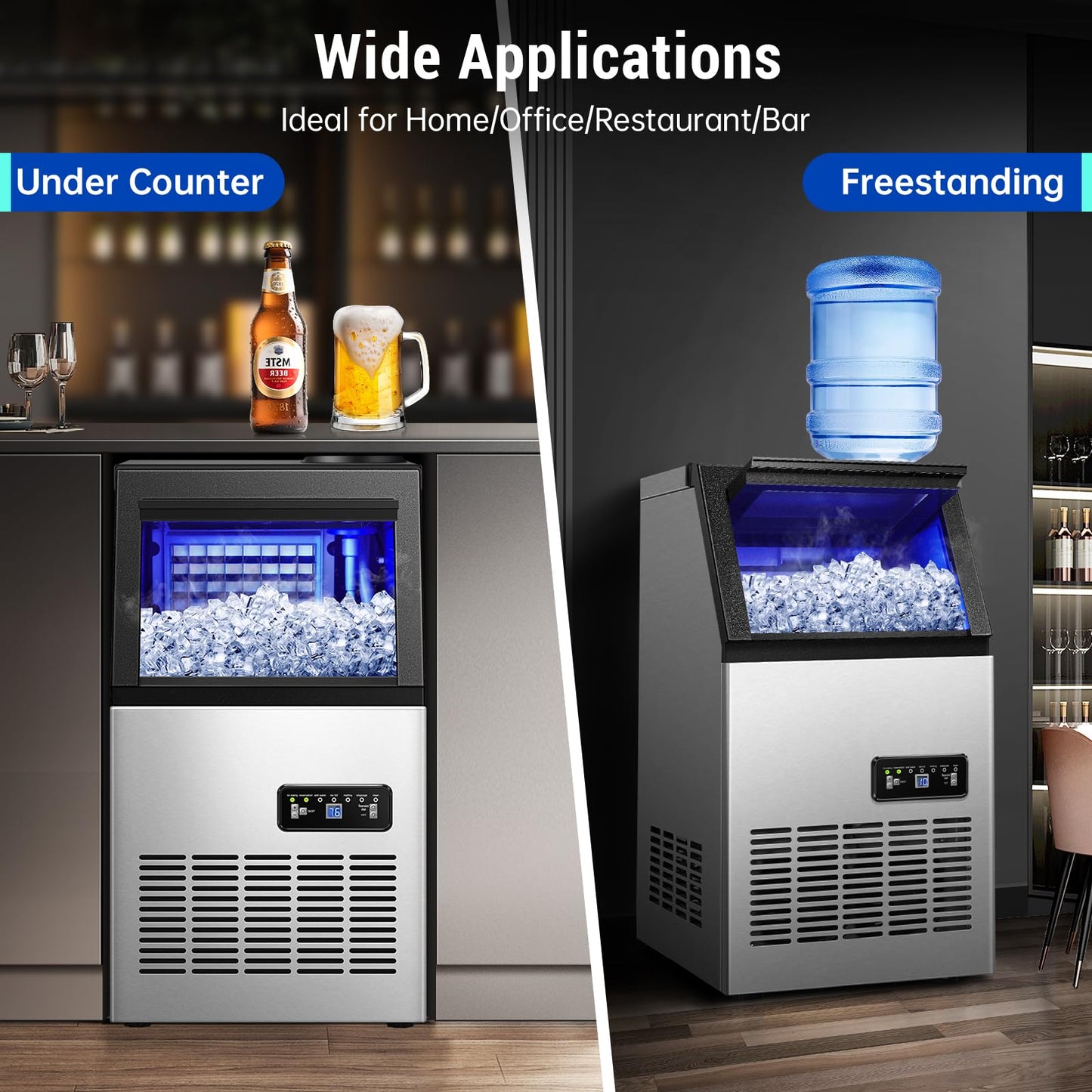 Amzgachfktch Commercial Ice Maker, 120 lbs/24H Ice Machine, 2 Water Inlet Modes, Under Counter Ice Maker with 33 lbs Storage, Auto Self-Cleaning, Freestanding Ice Machine for Home Office Bar