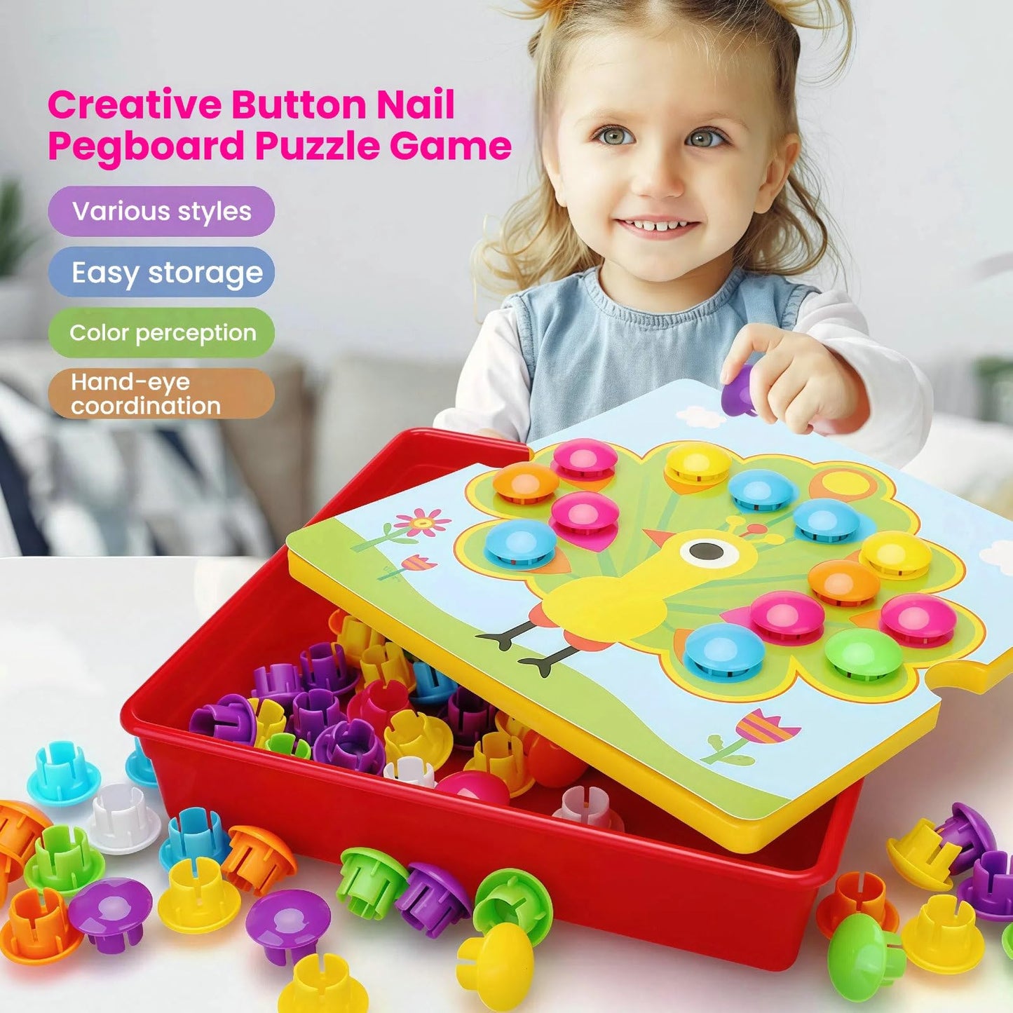 TINOTEEN Button Art Toy for Toddlers,Toddler Activities Crafts Color Matching Early Learning Educational Mosaic Pegboard 50 Buttons and 18 Pictures