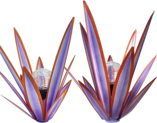 LCJECV Metal Agave Plant Garden Art, 2 Pack Tequila Rustic Sculpture, Rustic Metal Agave Plants Garden Lawn Home Ornaments, for Yard Stakes, Garden Figurines, Outdoor Patio (2 PCS Purple with Light)