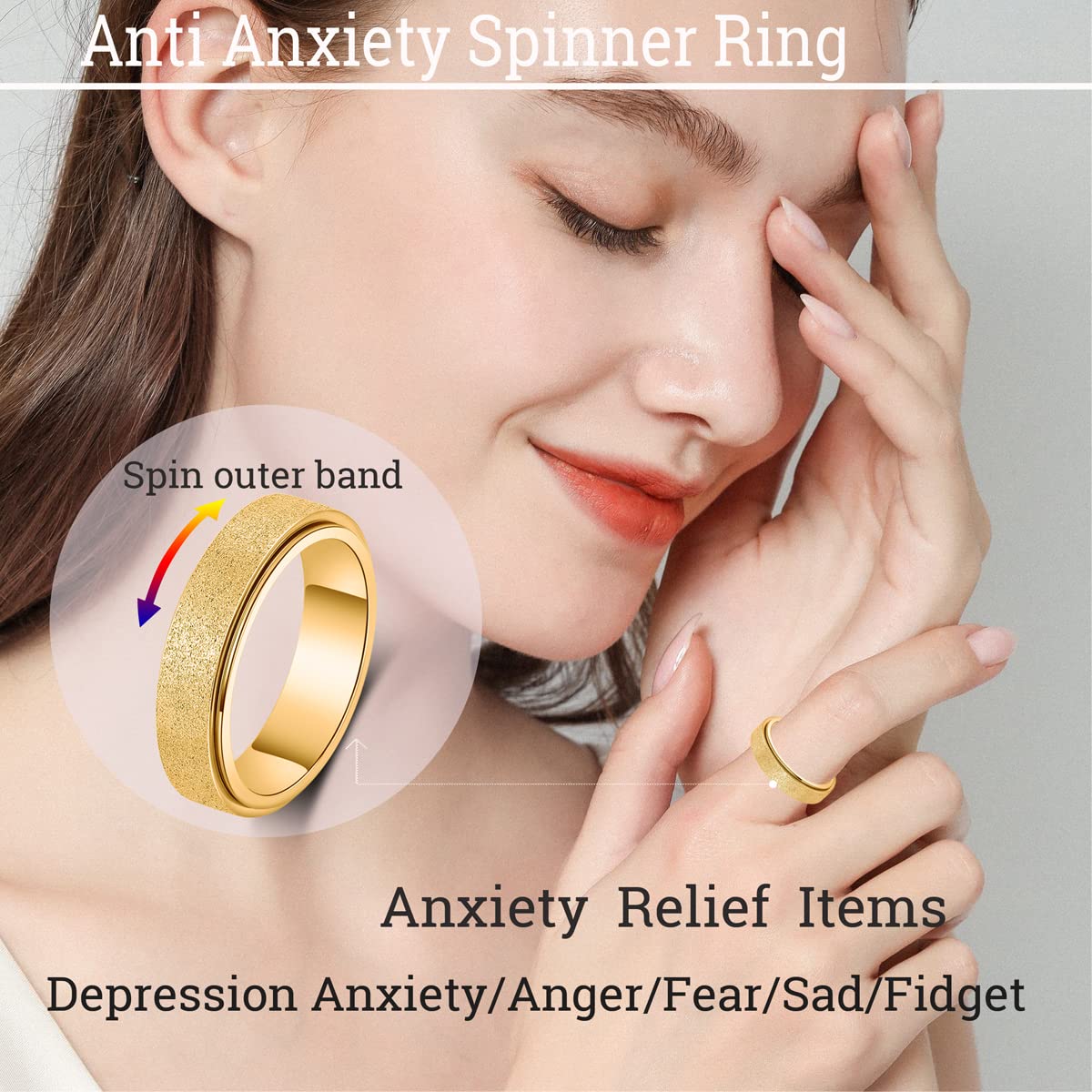 OreilleStar Titanium Stainless Steel Anxiety Ring for Women Men Fidget Toys Adults Spinner Ring 6mm Wide Cool Mood Rings Band Rings Hand Polished Gold Size 8