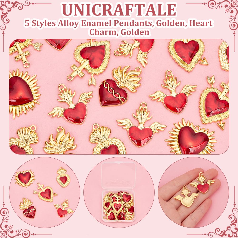 UNICRAFTALE 20Pcs 5 Styles Heart Charm Alloy Enamel Pendants Golden Sacred Heart Charm Red Heart Thistles Thorns Fancy Enamel Charm for Jewelry Making Charms Valentine's Day DIY Crafts Supplies