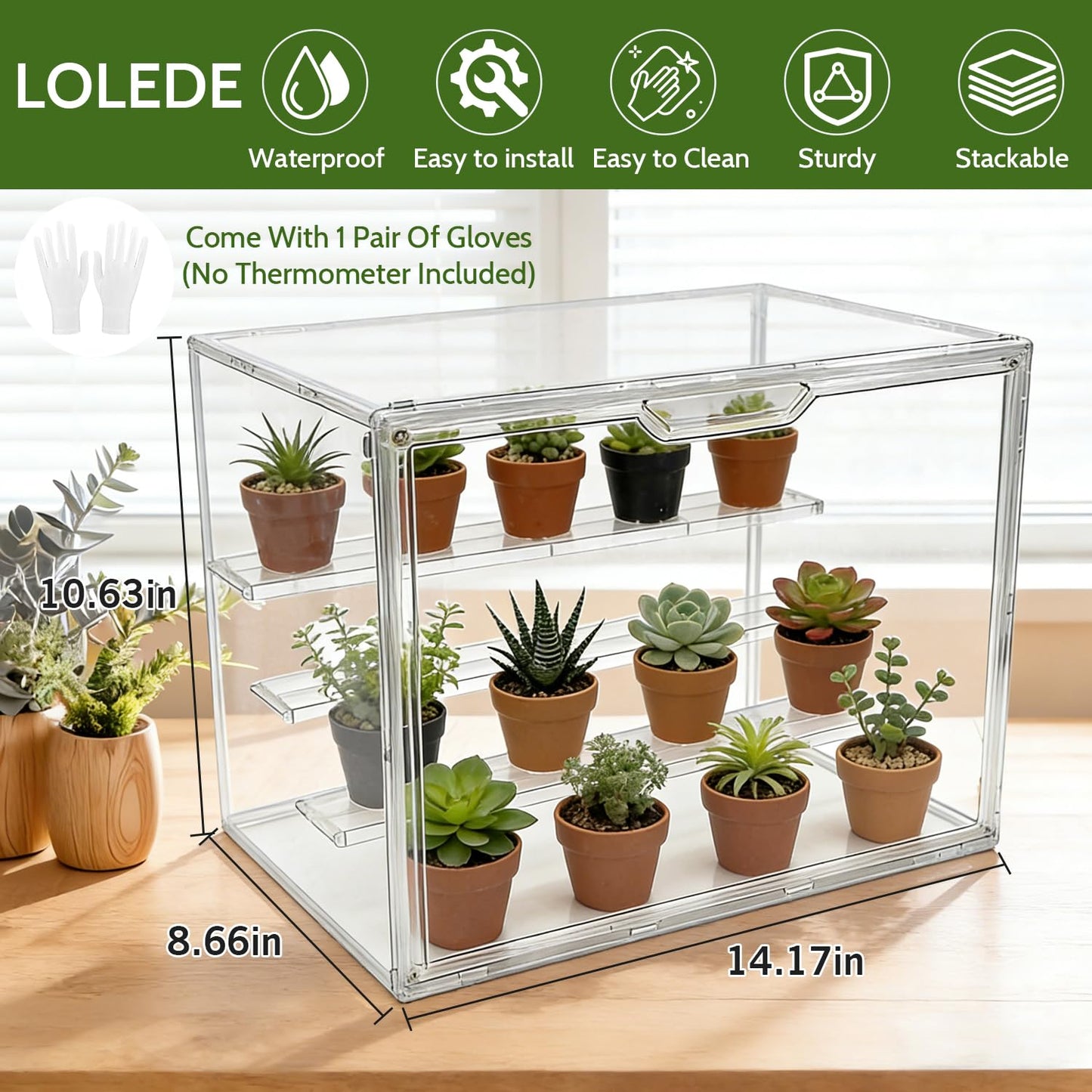 LOLEDE Clear Mini Greenhouse Indoor, Small Stackable Tabletop Portable Green House with Magnetic Door for Plant Seed Germination, Home Gardening Display,etc. (14.2x8.7x10.6in, 1 Pack)