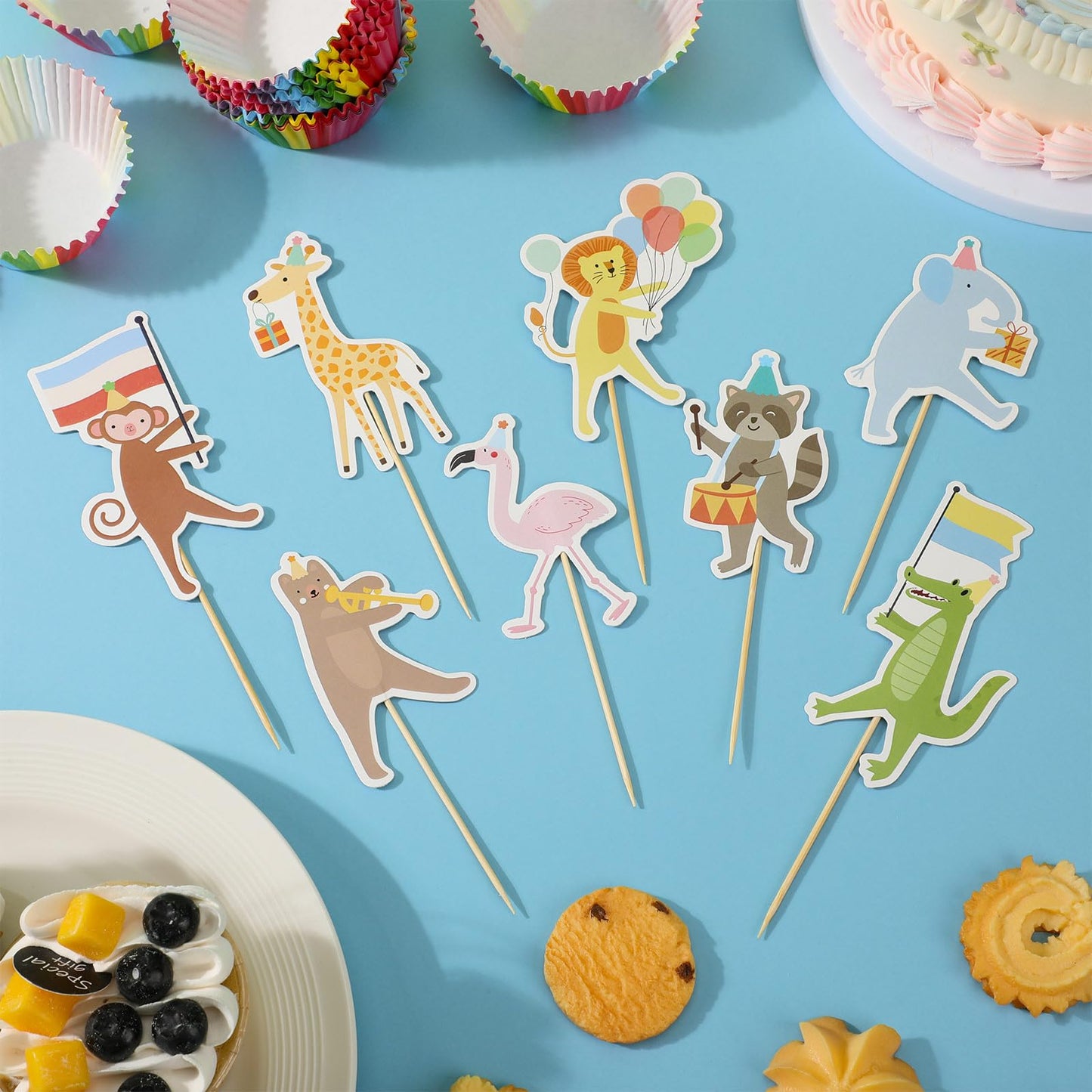Potchen 148 Pcs Safari Cupcake Toppers and Rainbow Cupcake Liners Animal Parade Woodland Jungle Cake Decorations for Baby Shower Zoo Wild Animal Birthday Party Supplies