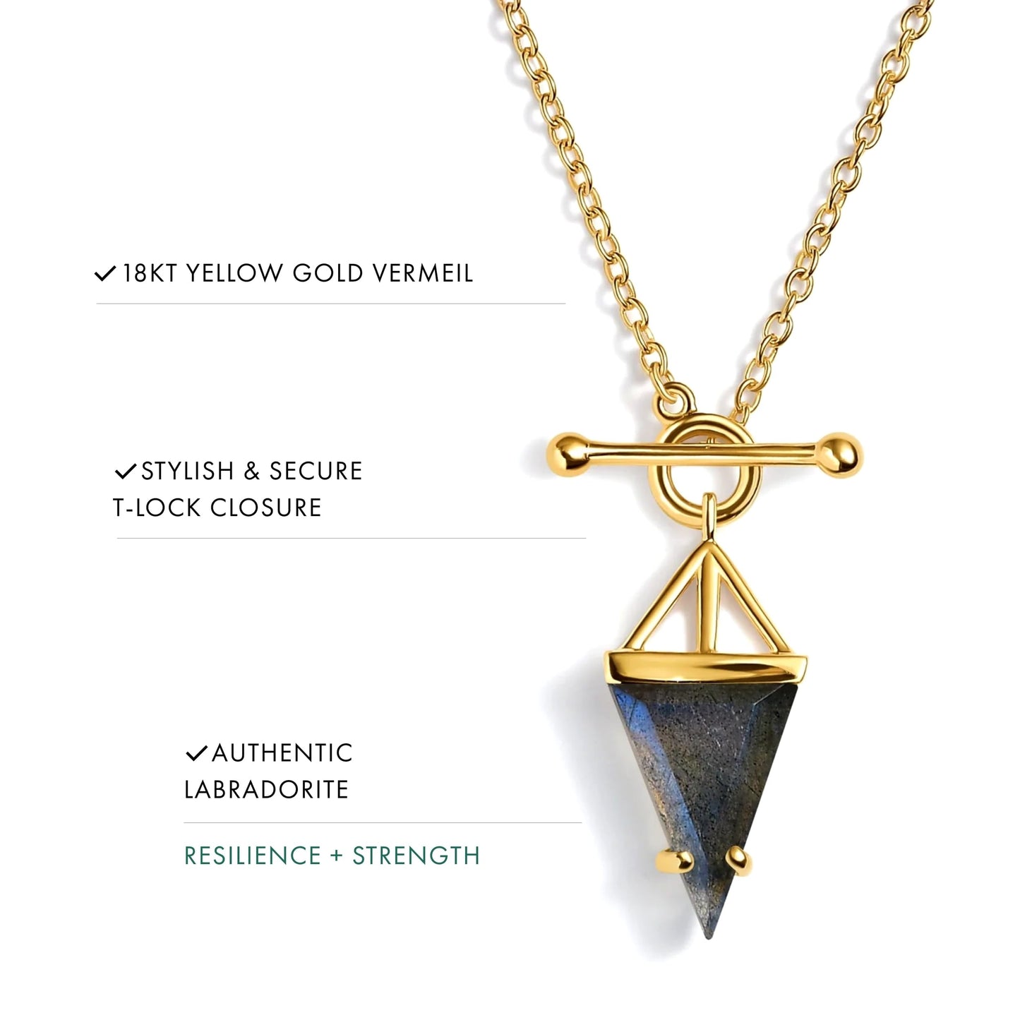 Moon Magic Labradorite Necklace - Heroine T Lock / 925 Sterling Silver - 18k Yellow Gold Black Stone Necklaces for Women/Authentic Crystal Jewelry