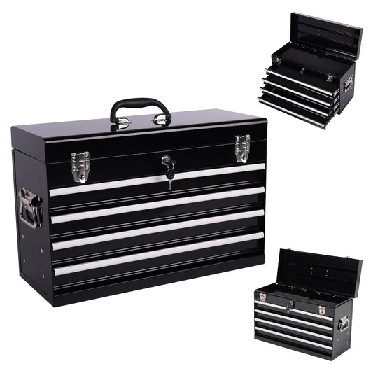 Heavy Duty 21 Inches Metal Tool Box with 4 Drawers - Portable Locking Tool Chest with Ball Bearing Slides, Powder Coated Steel & EVA Liners - Multi-Function Garage & Workshop Organizer (Black)