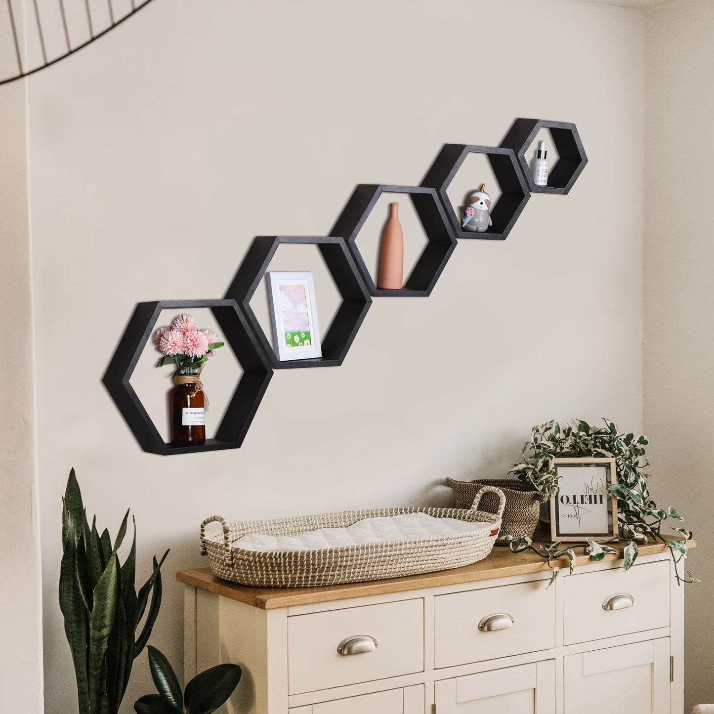 PHOENANCEE Hexagon Floating Shelves,Wall Mounted Wood Farmhouse Storage Honeycomb Shelf Set of 5,for Bathroom, Kitchen, Bedroom, Living Room,Office,Home Room Wall Decor Driftwood Finish