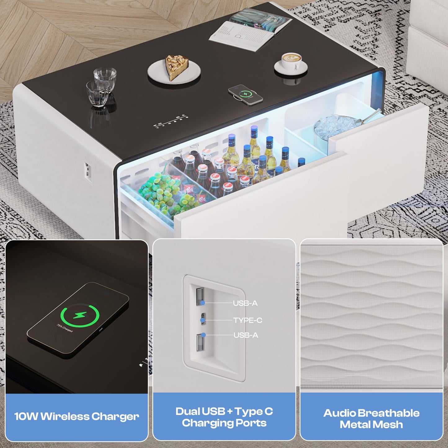 Smart Coffee Table with Fridge, 93L Refrigerated Drawers, Bluetooth Speakers & Wireless Charging, Modern Stain/Mark Resistant Entertainment Center for Living Room & Gaming, White