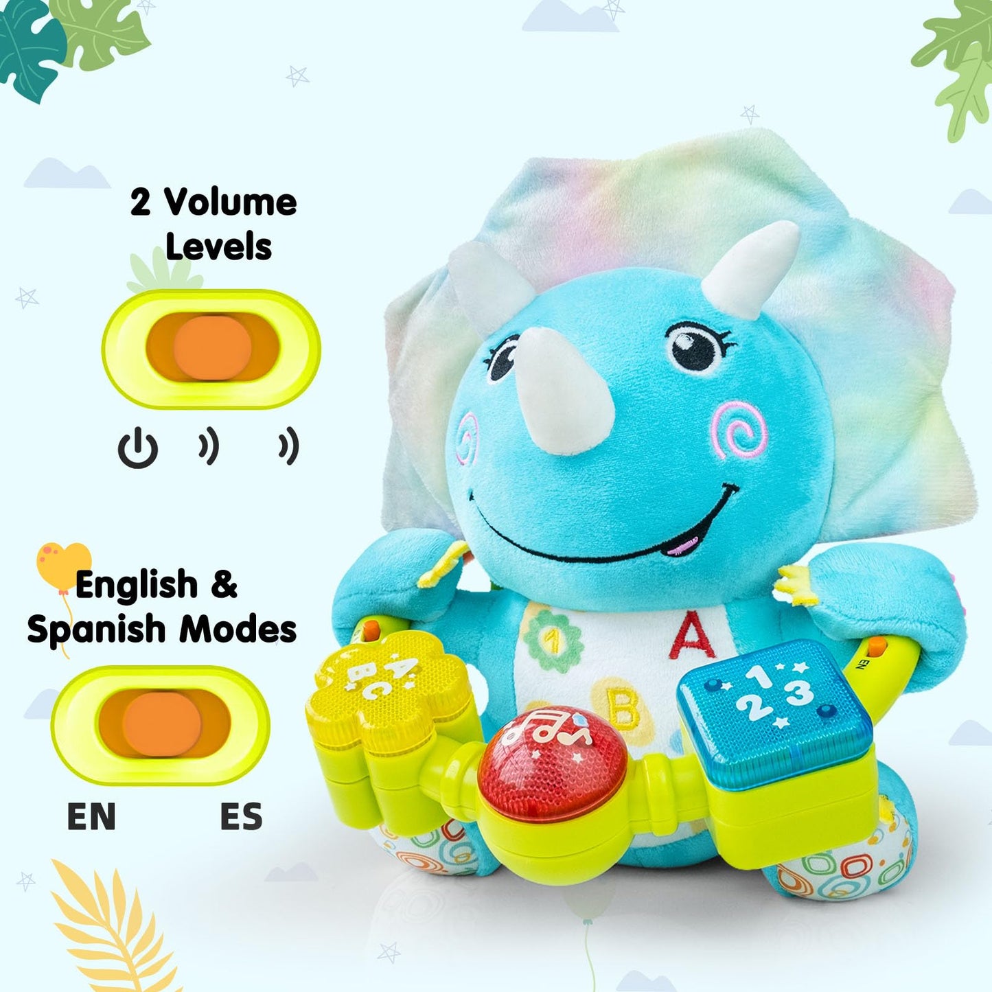 Ryotagift Baby Bilingual Musical Dinosaur Stuffed Animals Toys,Infant Early Learning Toy with Light-Up Music & Crinkle,Tummy Time Toys for 0 3 6 9 12+ Months for Baby Boy Girl Gift