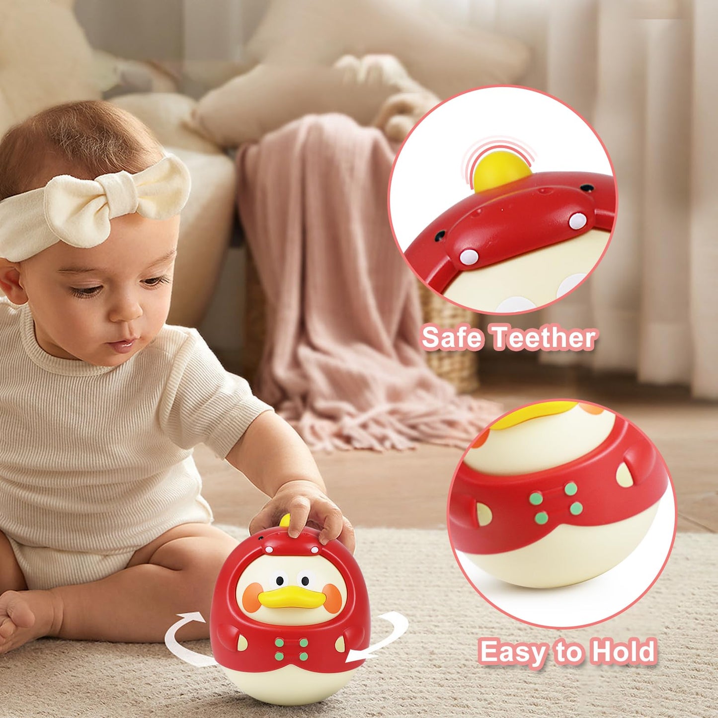 Tinabless Tummy Time Toys, Dinosaur-Duck Roly Poly Baby Toy, Musical Wobbler Toy | Tumbler Wobbler Toy for Newborns 3-12 Month Baby Boys and Girls Easter Basket Gift First Birthday Present (Red)