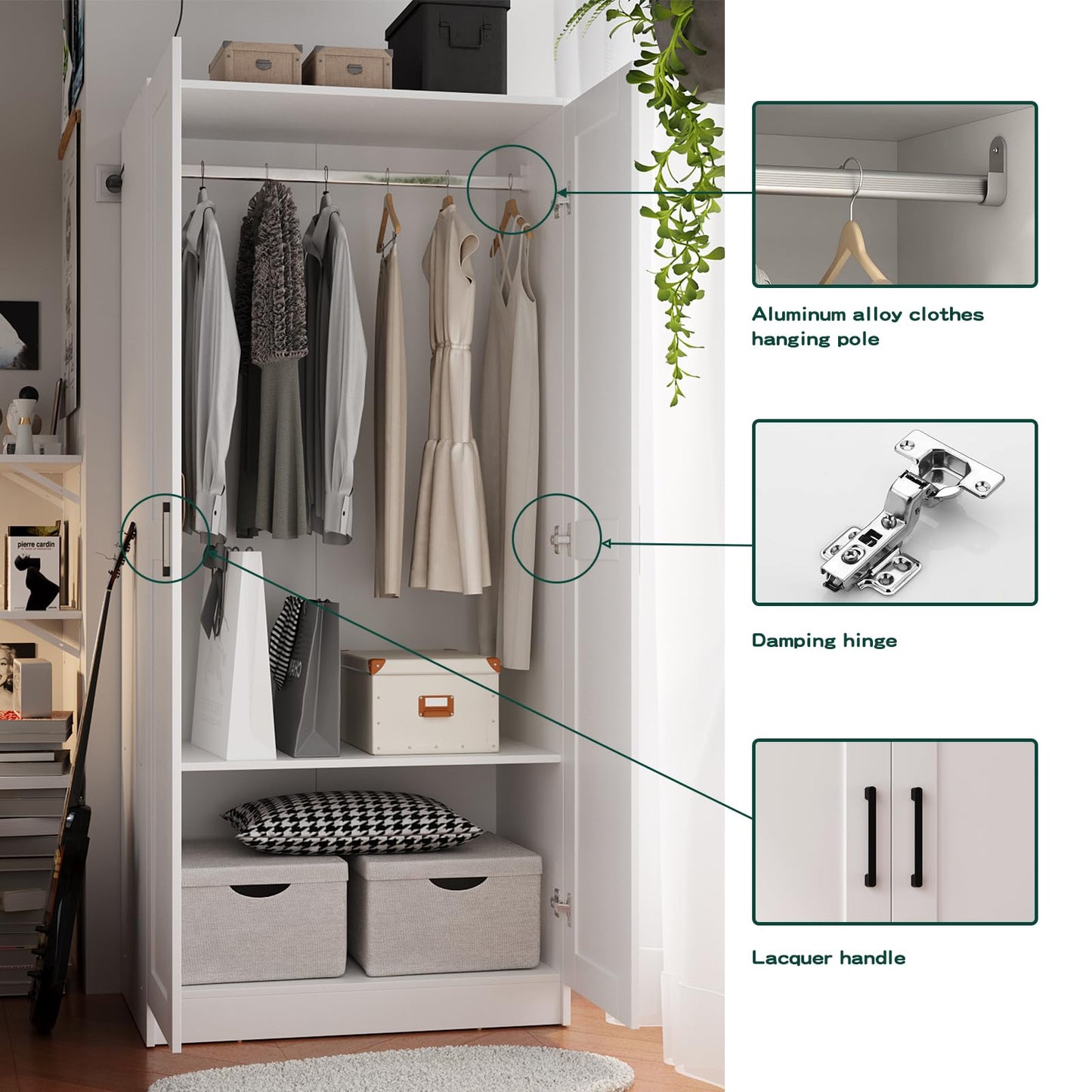 Fddevelop Fenghua Lizhi Wood White Wardrobe Closet with 2 Doors，Bedroom Freestanding Armoire Storage Cabinet with Shelves，Wooden Wardrobe Combination for Hanging Clothes
