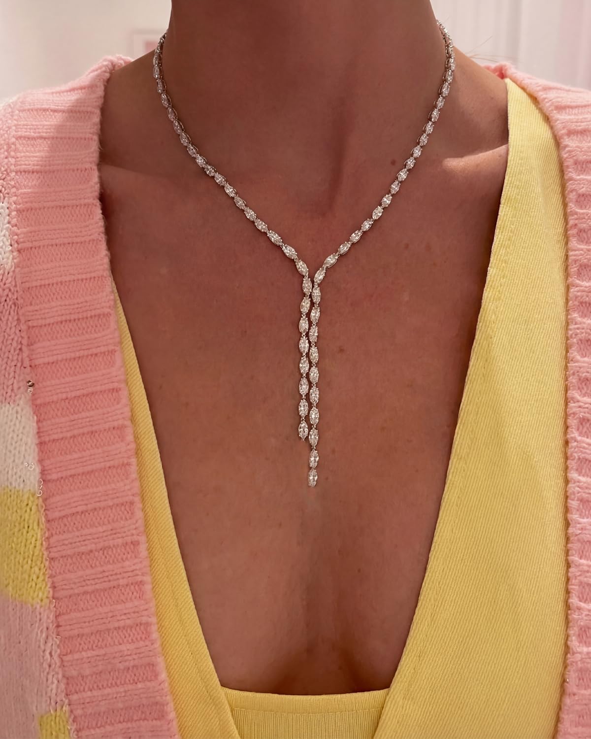 STONEFANS Rhinestone Long Necklaces for Women - Dainty Tennis Lariat Necklace Cute Silver Drop Necklace Simple Choker Necklace Party Prom Jewelry Bridesmaid Gifts