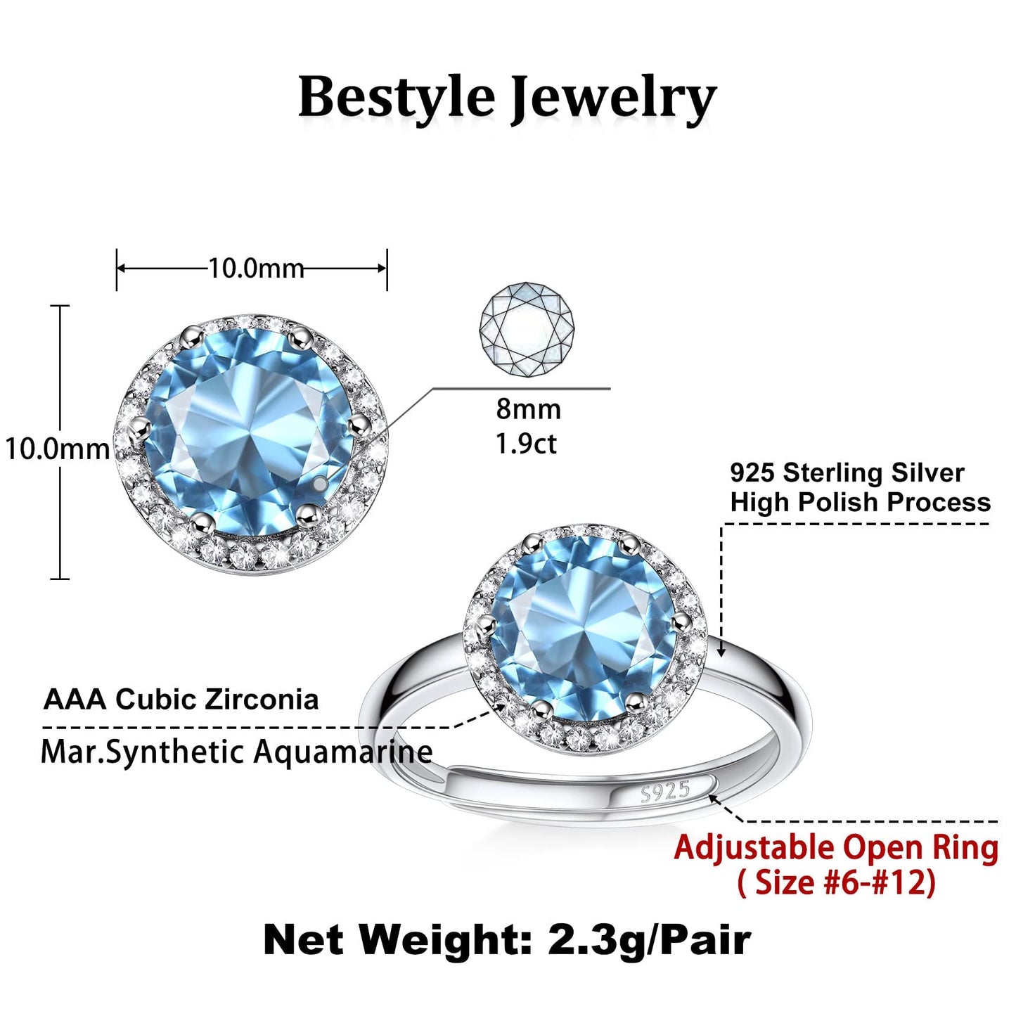 Bestyle 925 Sterling Silver Love Round Cubic Zirconia Rings March Aquamarine Crystal Gemstone Rings for Women, Hypoallergenic Adjustable Rings for Every Finger