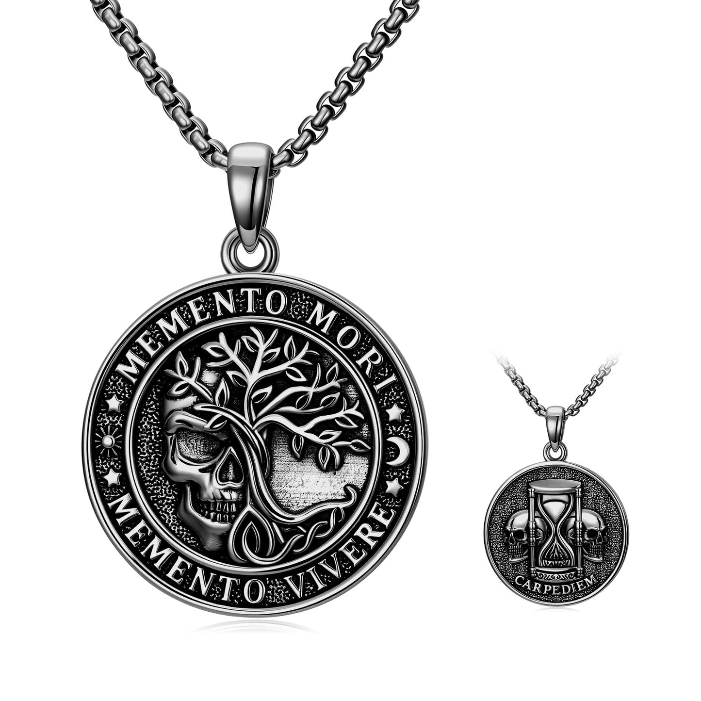 POIUY Memento Mori Black Skull Necklace for Men and Women Gothic Tree of Life Hourglass Pendant Gothic Amulet Jewelry Protection Necklace Gift for Him Her Husband Wife