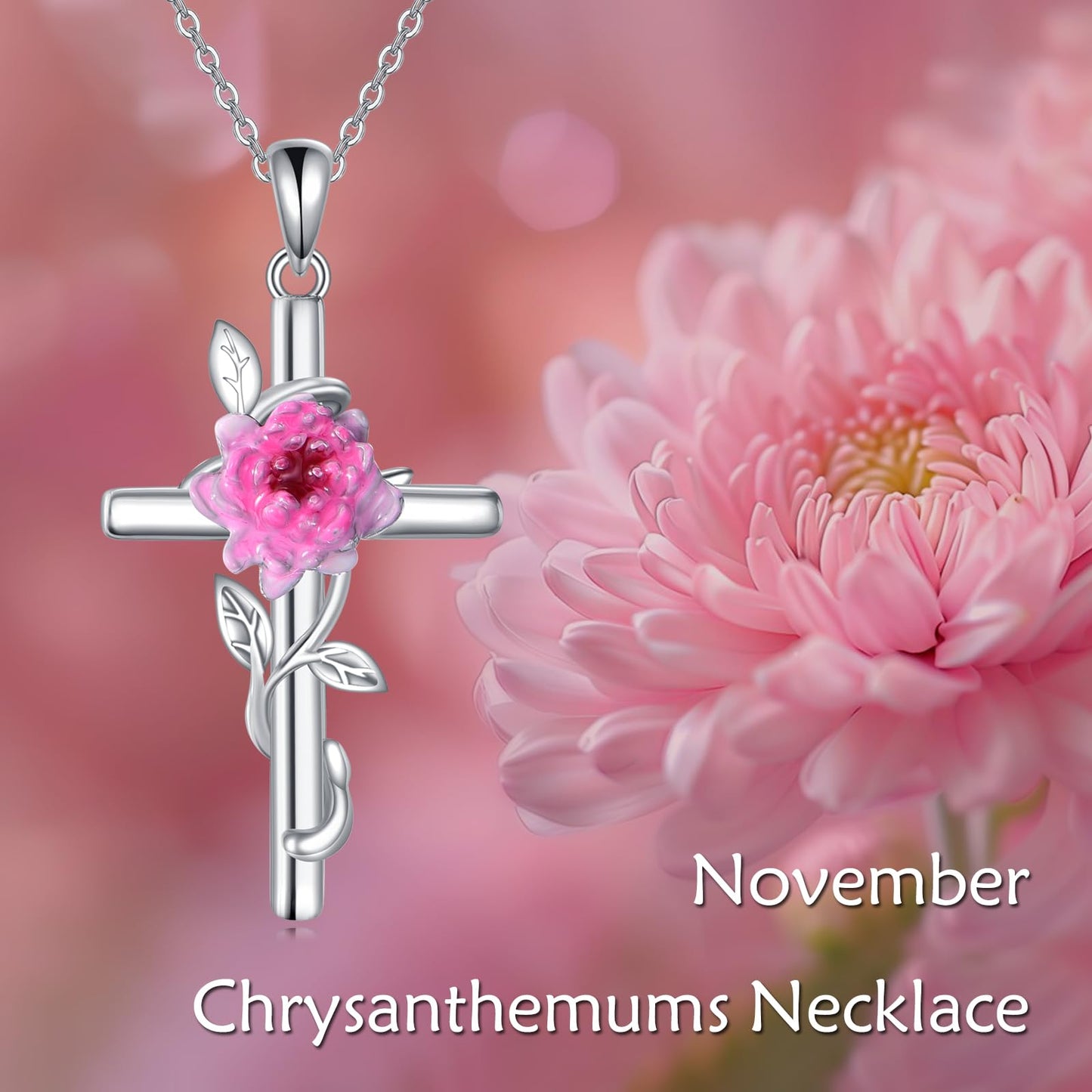 925 Sterling Silver Cross Chrysanthemums Pendant Necklace November Birth Flower Jewelry for Women Gifts