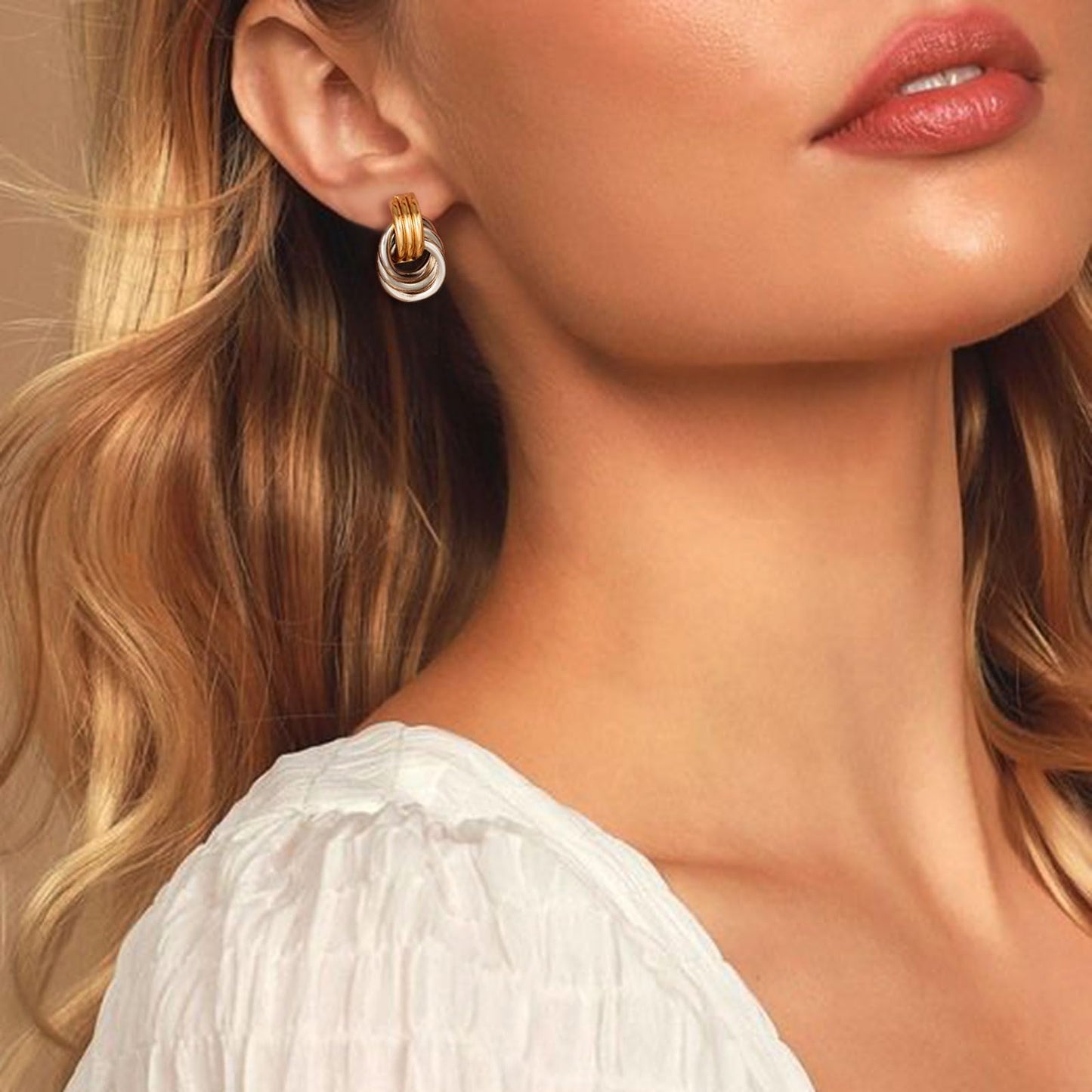 14K Gold Silver Earrings - Mixed Metal Knot Earring for Women, Trendy Two Tone Knotted Drop Statement Earring Jewelry