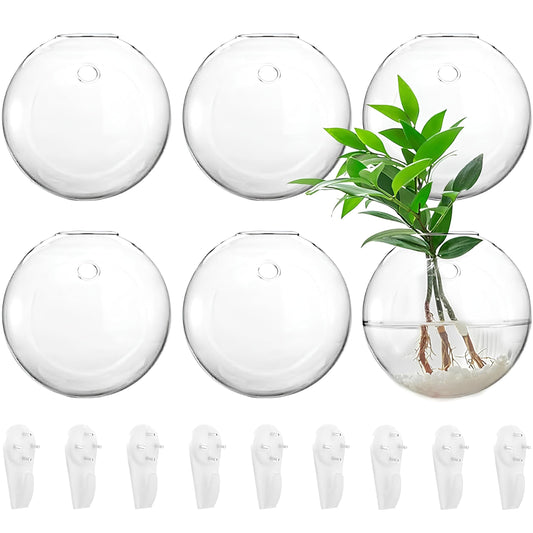 Yarlung 6 Pack Wall Hanging Planters Terrarium, 4.7 Inch Glass Oblate Globe Plants Containers, Wall Mount Clear Flower Vase for Propagating Hydroponics Plants, Air Plants (Plants Not Included)
