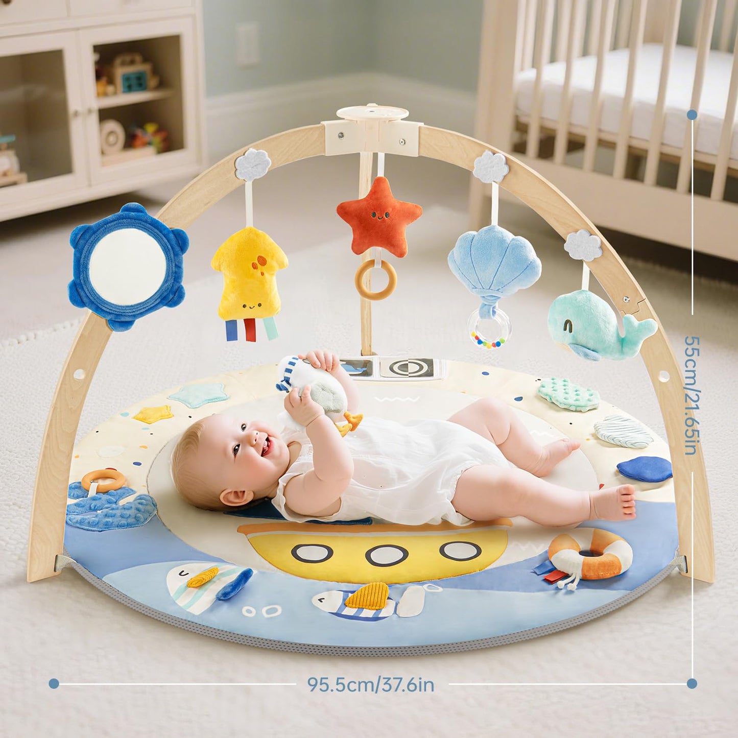BG-BABYGO Baby Play Gym Activity Mat, 5 Developmental Zones Wooden Tummy Time Mat with 7 Detachable Sensory Toys for Motor Skills & Sensory Development, Baby Essentials Shower Gift, Easy to Install