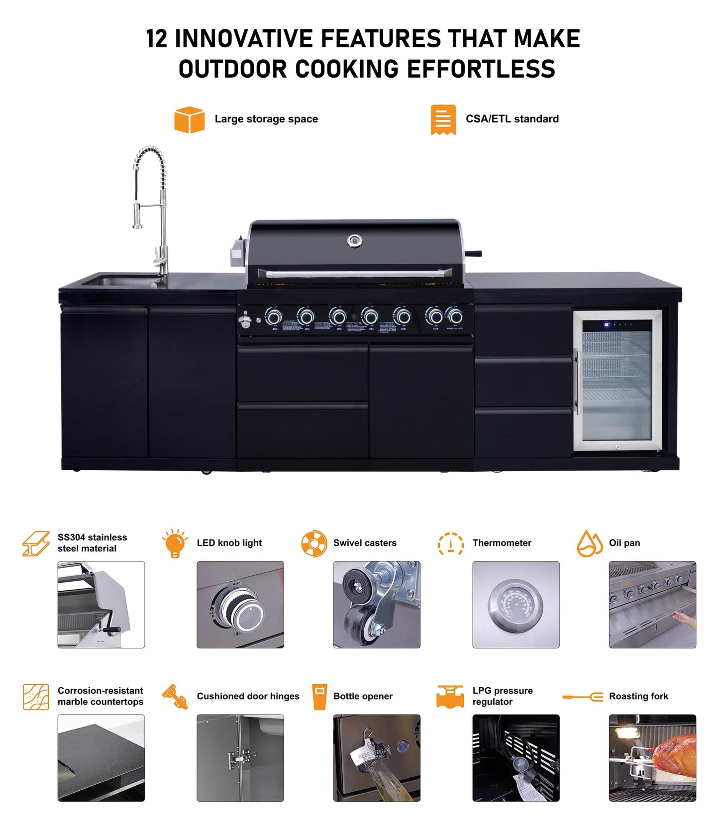114 Inch Outdoor Kitchen Island, 6 Burner Propane Gas BBQ Grill Station, 83500 BTU 304 Stainless Steel Grill Combo with Sink & Refrigerator, CSA ETL Certified, Black