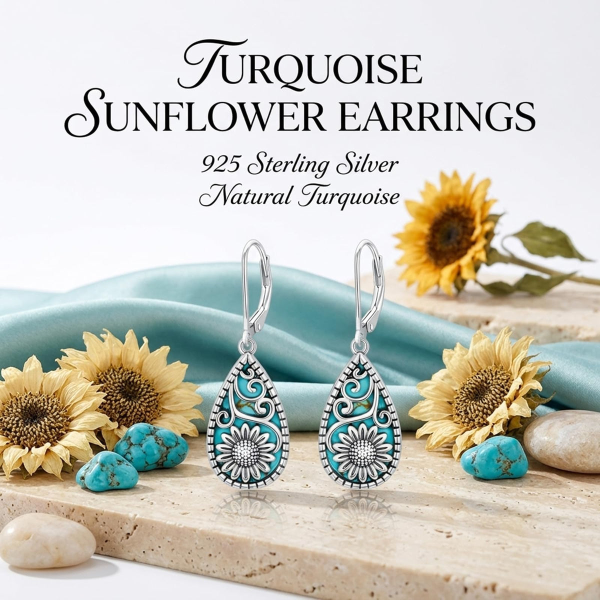 Eetaitai Turquoise Sunflower Earrings for Women 925 Sterling Silver Turquoise Dangle Drop Leverback Earrings Vintage Western Jewelry Mothers Day Gifts for Mom Wife Sister
