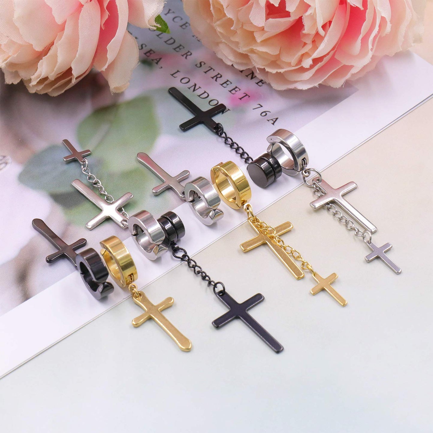 NEWITIN 9 Pairs Magnetic Earrings for Men Clip on Earring Stainless Steel Magnet Earring Unisex Hoop Dangle Cross CZ Studs Non Piercing Magnetic Stud Earrings for Men Women