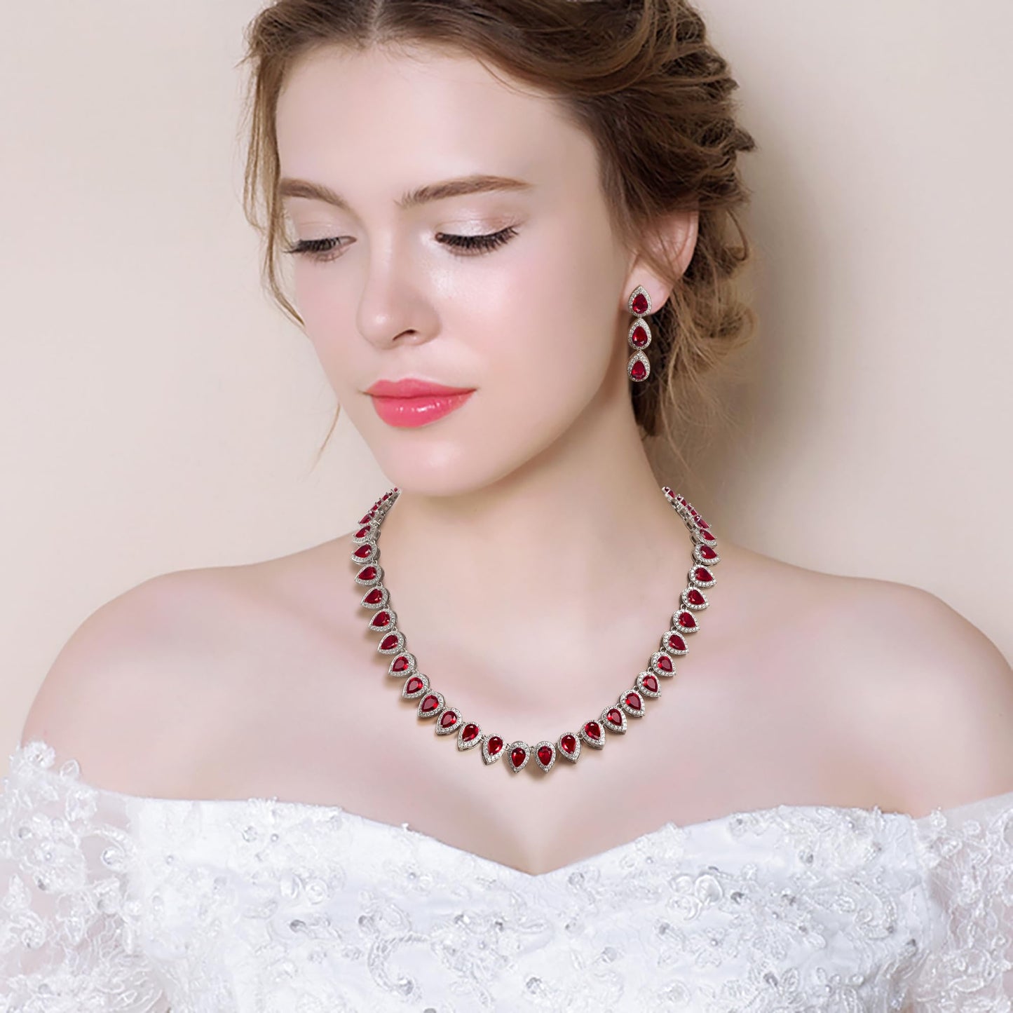 EleQueen Women's Wedding Bridal Full Prong Cubic Zirconia Teardrop Necklace Earrings Set for Brides Bridesmaids Ruby Color