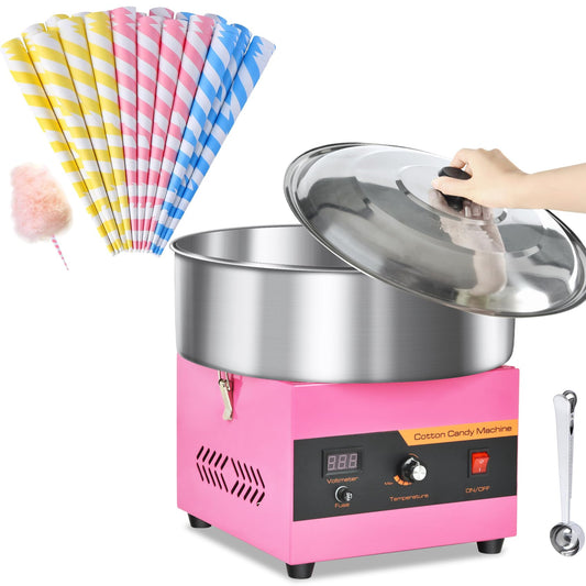 Cotton Candy Machine Commercial & Cotton Candy Cones for Cotton Candy Making, Candy Floss Machine with Stainless Steel Bowl and Sugar Scoop, 60PCS Colorful Sticks for Kids Birthday, Family Party