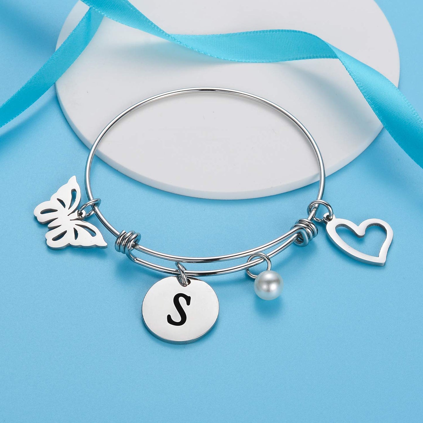 malyunin Initial Bracelet Charm Bracelets Heart Butterfly 26 Letters Alphabet Bracelet for Women Letter Bracelet Personalized Jewelry (S)