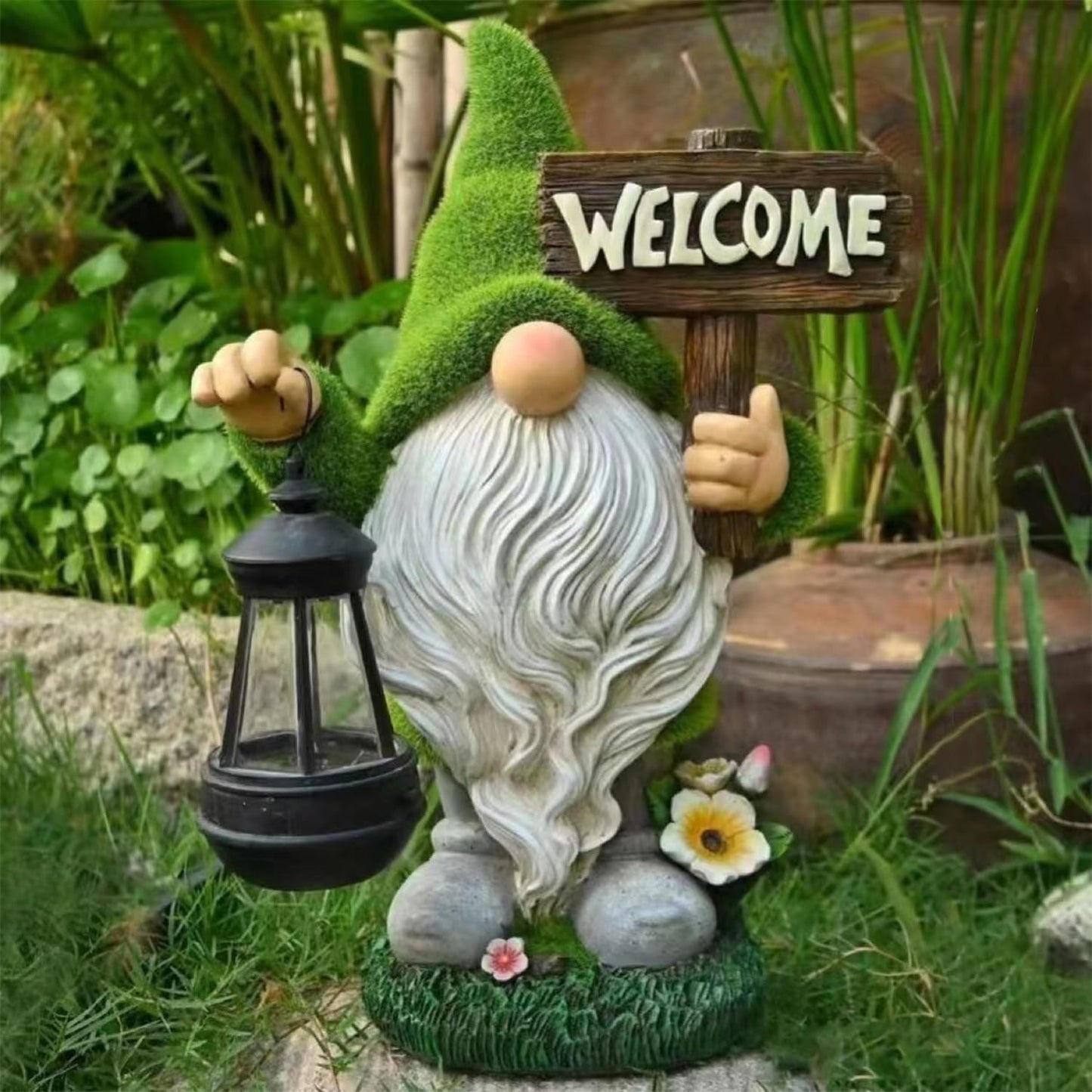 Meagkka Garden Gnome Statue Outdoor Decor Large Flocked Resin Gnome Figurine with Solar Light Holding Lantern Welcome Sign Garden Yard Decorations Dwarf Sculpture for Outside Patio Porch Lawn Decor.