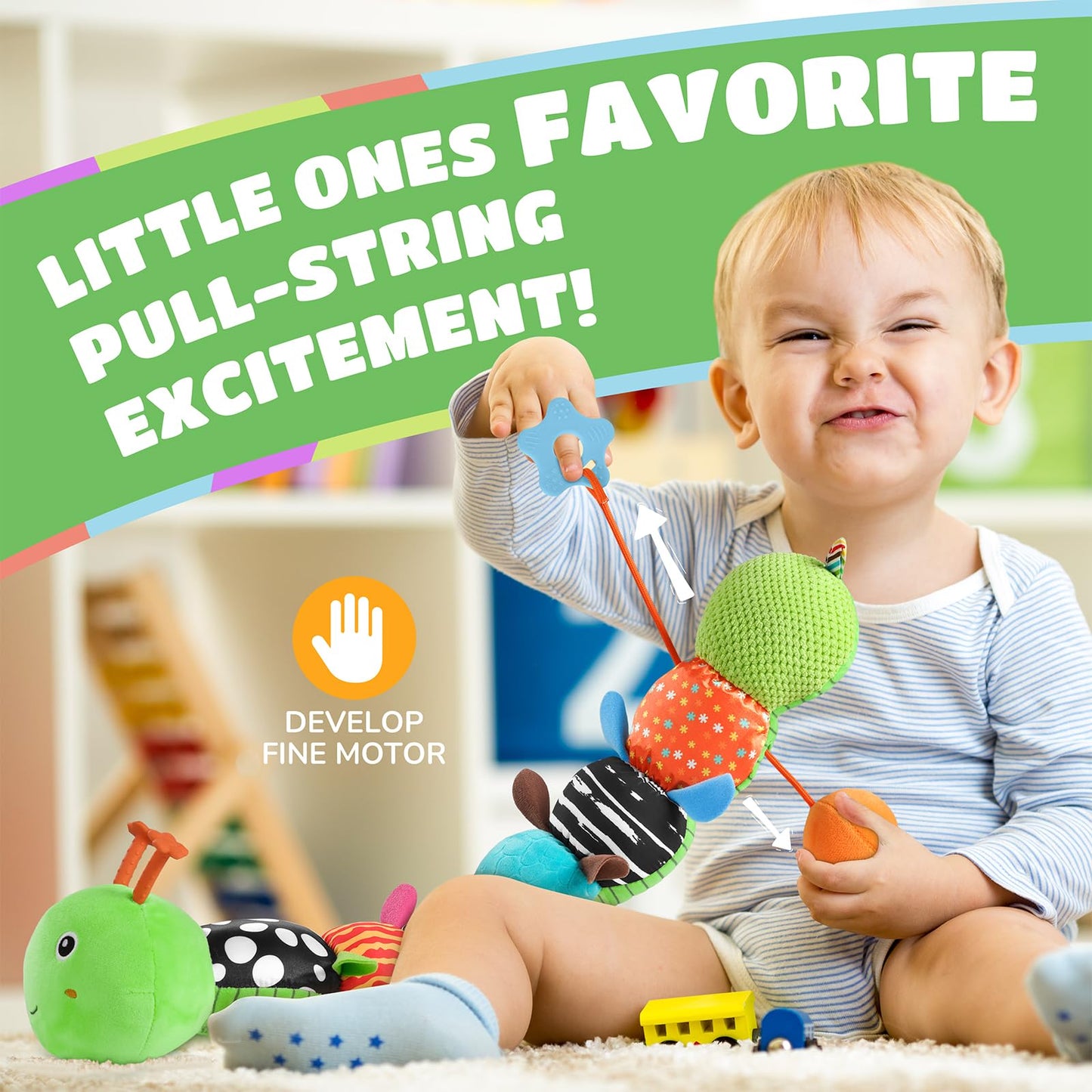 AWOTOY Baby Toys 6-12 Months Music Caterpillar Infant Toys Stuffed Animals 0-3-6 Months Tummy Time Teething Sensory Toys with Mirror Rattle&Pull String Boys Girls Birthday Gifts Easter Basket Stuffer