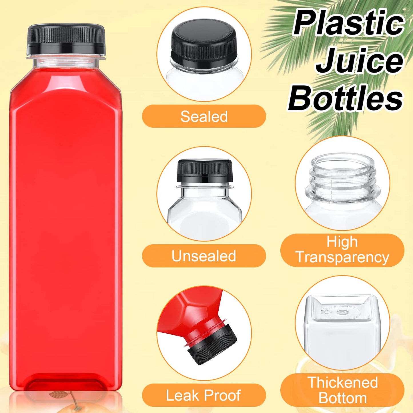 Xinnun 200 Pcs Plastic Juice Bottles with Caps Square Empty Clear Water Bottles Bulk Drinking Beverage Containers Reusable Empty Juicing Refillable PET Flasks with Lids for Drinks Smoothie(8oz,Black)